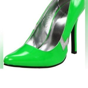 NEW Ellie Gem HEELS Sz 8 4.5” neon hot green with Silver glitter lighting bolt!!